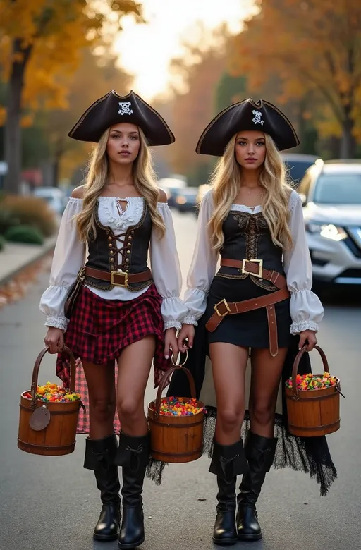 Prompt: two beautiful blonde college girls in elaborate  pirate costumes, (curvy physique), dressed for Halloween, carrying wooden buckets filled with candy, suburban street, trick or treat vibe, high detail & quality, 8k, pro photo, pro lighting.