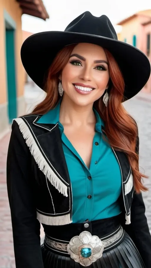 Prompt: Beautiful woman with flawless diamond face, olive skin, long auburn-red hair, green eyes, wearing a black vaquero hat, black bolero jacket, white blouse, fringed black suede skirt, black boots with silver & turquoise trim, smiling, standing in a Spanish town with stucco buildings in background, daylight, high-res, professional photo, sharp focus, high detail, high quality, elegant woman