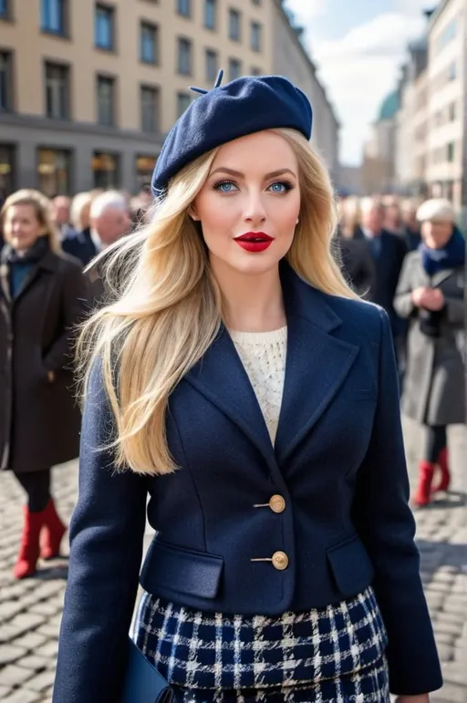Prompt: Beautiful woman with blue eyes and very long thick blonde hair, intricate diamond face, bright red lipstick, wearing a navy tweed jacket, white sweater, navy plaid pencil skirt, navy boots, navy beret, standing in a crowded Berlin plaza, daytime, natural light, high-res photo, professional photography, high detail