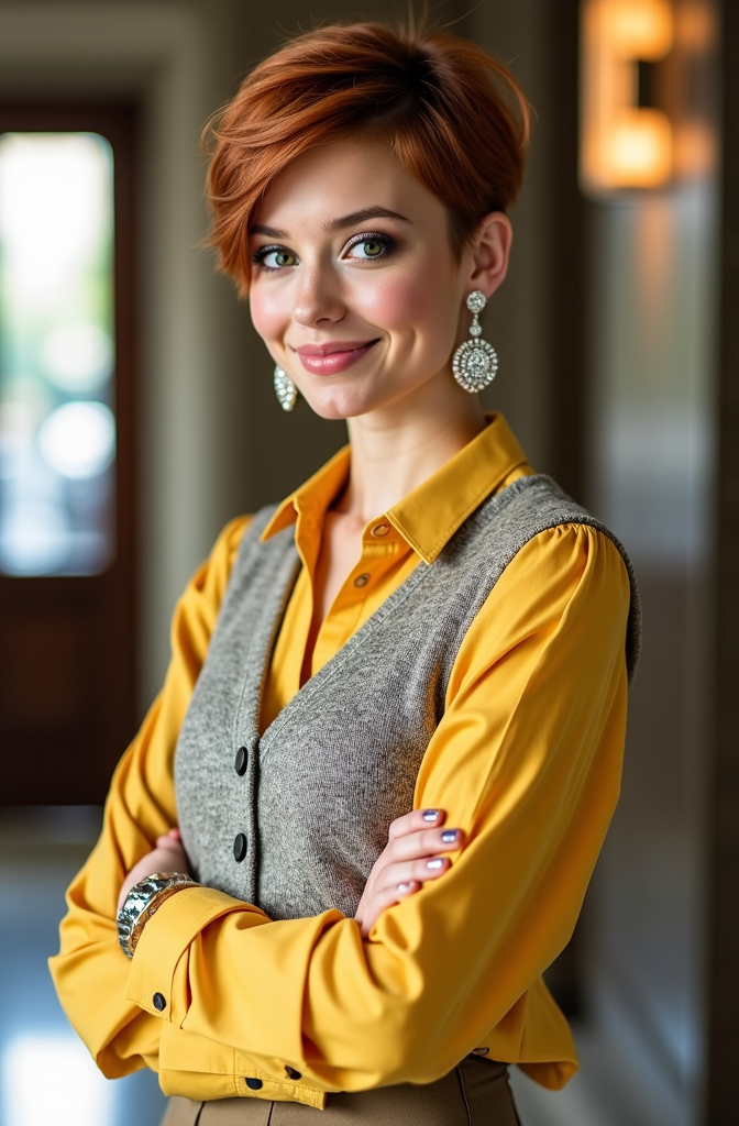 Prompt: Stunningly beautiful young woman with piercing green eyes, pixie cut cinnamon hair, smoky makeup, smile, silver jewels, chic lemon crepe blouse, tweed sweater vest, khaki skirt, standing profile in a luxe lobby, well lit, high detail & quality, 8k, pro photo.