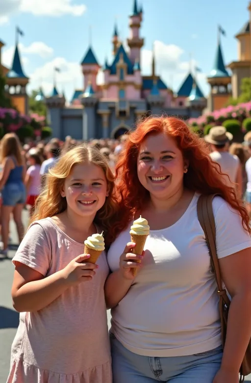 Prompt: (happy mother and daughter enjoying ice cream cones), sunny day at Disneyland, (cinnamon hair), casual clothing, (plump physiques), emphasize (exceptionally beautiful faces), picturesque castle background, (large crowds), cheerful and upbeat energy, family bonding moment, vivid colors, capturing chubby overweight subjects, (high detail), 8K resolution, (well-lit), photorealistic, (everyday life imagery), vibrant atmosphere, joy-filled expressions.