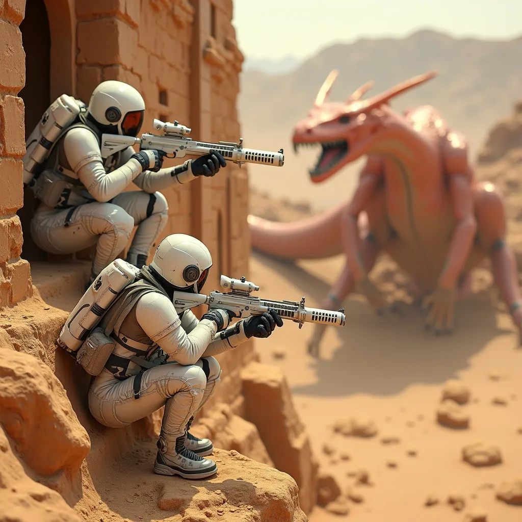Prompt: Two ruggedly handsome Astro-Marines, dynamic poses, full white and metallic gray spacesuits, life support backpacks, and helmets with raised visors, crouching atop a stone-ceramic-steel alien city wall firing sleek white and metallic silver battle rifles at a huge monstrous orange & red Martian Sand-Dragon, (cinematic photo), dusty yellow-red Martian landscape in the background, capturing the unique mix of organic and geometric shapes in the alien cityscape, high depth, dramatic lighting, 8k ultra-detailed, high quality.