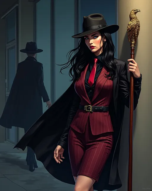 Prompt: photorealistic Graphic novel heroine The Shadow-hawk is a Tall beautiful Eurasian woman with long raven hair, (piercing blue eyes), upturned brows, intense gaze, wearing a black fedora, black cape, maroon pin-striped suit with pencil skirt & black blouse, crimson tie, curvaceous bosomy figure, long shapely legs, black knee-length boots, holding a thick wooden staff with a golden hawk shaped headpiece, (leaning against a column in the shadows) outside an office building shrouded in dark mystery as she watches a suspected criminal, nightscape, sharp focus, capturing the dark suspense and danger of the dramatic scene, high detail & quality, 8k, film noir vibe, cinematic digital imagery.