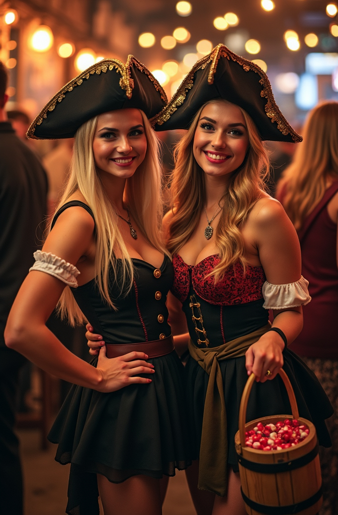 Prompt: two beautiful blonde college girls in elaborate  pirate wench costumes, (curvy physique), dressed for Halloween, carrying wooden buckets filled with candy, lively crowded bar, trick or treat party vibe, high detail & quality, 8k, pro photo, pro lighting.