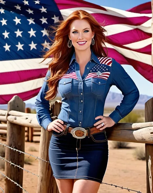 Prompt: Tall stunning woman, flawless diamond face, long windswept auburn-magenta hair, vibrant blue eyes, US Flag blouse, denim pencil skirt, brown suede boots, curvaceous bosomy figure, warm smile, standing next to wooden ranch fence, desert southwest background, detailed bridle and saddle, high-res, sharp focus, pro photo, realistic, vibrant colors, warm lighting