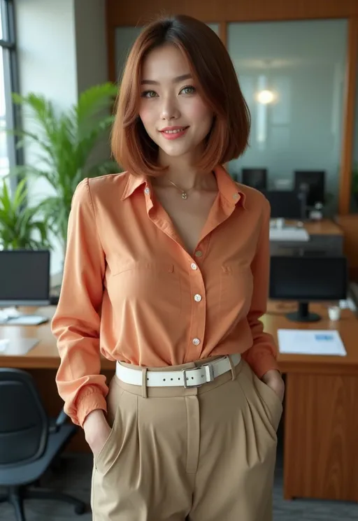 Prompt: (((curvy tall beautiful Eurasian woman))), (bob-cut) silky chestnut-auburn hair frames her gorgeous angular face, ((jade green eyes)), upturned nose, arched brows, dark eyeliner, pink lips, silver jewelry, apricot blouse, khaki skirt, white belt, brown oxfords, standing in a busy & crowded professional office, teak desk, potted palms, computers, file cabinets, floor to ceiling windows in high rise building, high detail & quality, 8k, pro photo