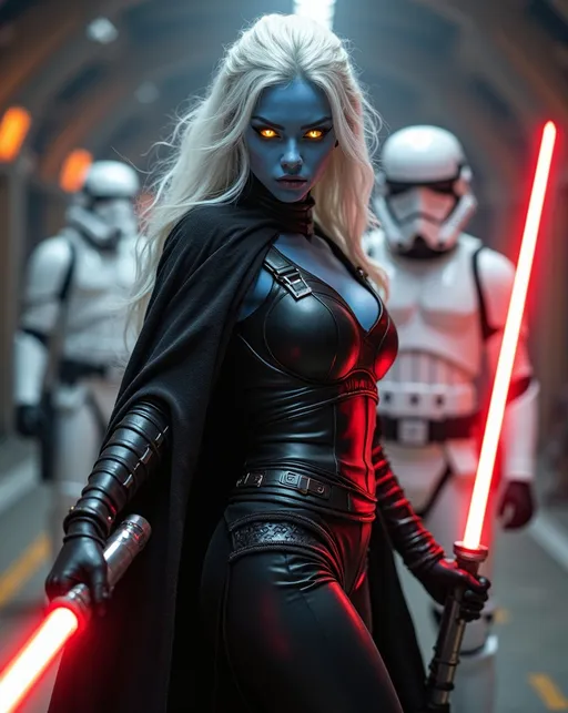 Prompt: Beautiful young blue-skinned alien woman, long chalk white hair, vivid luminous yellow eyes, black Sith Lord robes, black leather bodysuit, armored leggings and boots, holding glowing red lightsaber, Star Wars hangar bay with white clad Storm Troopers in background, detailed, dynamic aggressive stance, lightsaber held high & ready to strike, cinematic lighting, high-res photography, realistic, intricate details, intense gaze, sci-fi, vibrant colors, dramatic, professional lighting