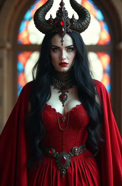 Prompt: 8K audio-visual masterpiece, (Regal beautiful elegant evil red queen), pale white skin, jet black tresses descending elegantly, coal black eyes shining intensely, striking dark makeup, cropped red lace bustier, flowing red silk cape, sumptuous red velvet skirt, intricate obsidian jewelry adorning her (soft curvy figure), (arrogant sneer) expression, key light  on her perfect diamond face, intricate iron crown with snakehead shaped horns, standing boldly, (stained glass backdrop), vibrant bright light filtering through, ultra-detailed, high-quality image, captivating atmosphere.