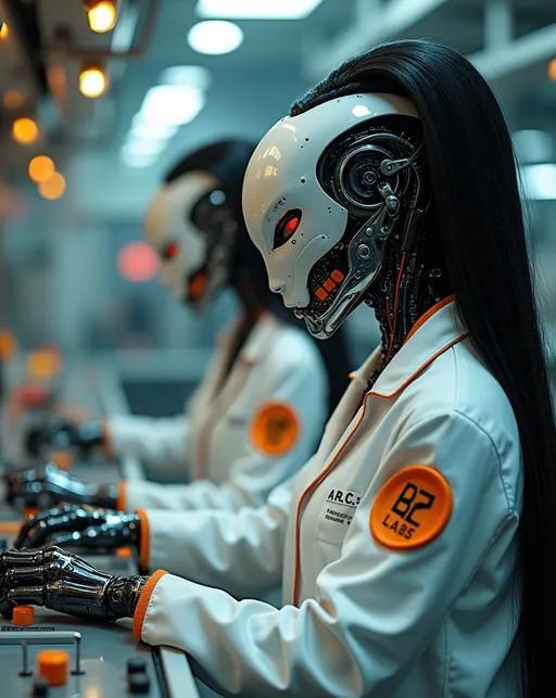 Prompt: two Exotic alien android robot women technicians with exposed alloy skeleton and electronics, long coal-black hair, (detailed laboratory), (machines), bright lights, dials, gauges, buttons, switches, white lab-coats with orange trim and "A.R.C. Labs" patches on sleeves, adjusting controls, (highly detailed), (ultra-realistic), bright and vibrant lighting, (cinematic sci-fi), (8K resolution), immersive atmosphere, pulling viewers into a futuristic world.