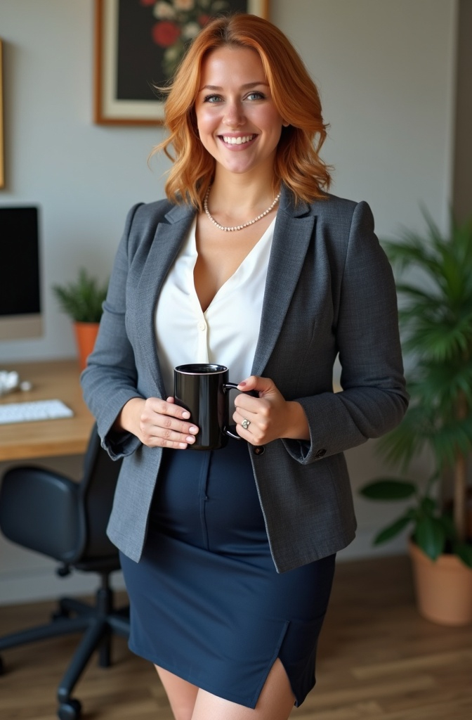 Prompt: 8k photo of beautiful smiling young California woman, shoulder length shag cut strawberry hair, flawless fair skin, piercing blue eyes, gorgeous heart-shaped face, chic bluish gray blazer, white v-neck blouse, string of pearls, short navy asymmetric pencil skirt, full-figured, shapely legs, black heels, standing profile holding a black coffee mug in an office in front of a desk, plants, computers, artwork, professional, detailed facial features, natural buxom physique, high-res, realistic, natural lighting, business attire, elegant, sophisticated, warm tones