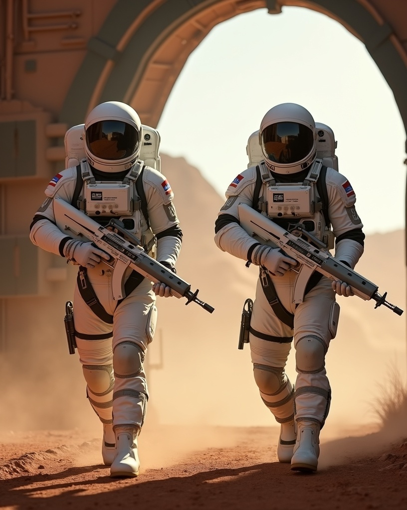 Prompt: Two ruggedly handsome Astro-Marines, dynamic poses, full white and metallic gray spacesuits, life support backpacks, and helmets with clear visors, preparing to exit the airlock on Mars, gripping sleek white and metallic silver battle rifles, cinematic photo, dusty Martian landscape in the background, high depth, dramatic lighting, 8k ultra-detailed, high quality.