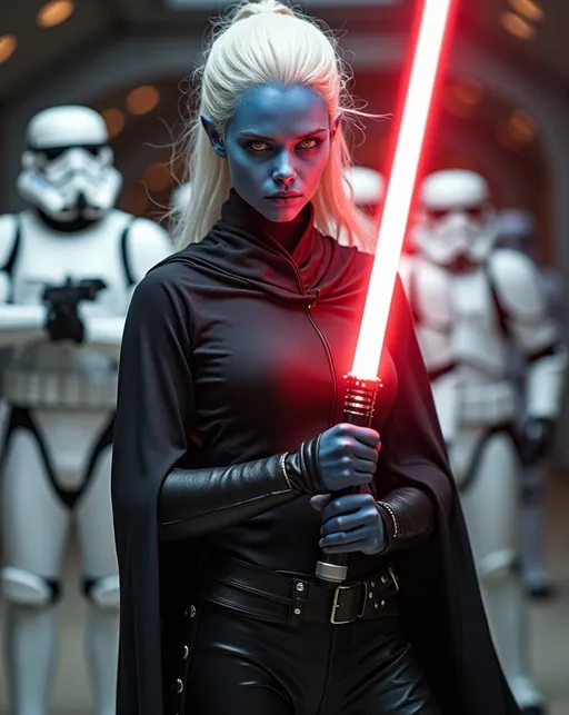 Prompt: Beautiful young blue-skinned alien woman, long chalk white hair, vivid luminous yellow eyes, black Sith Lord robes, black leather bodysuit, armored leggings and boots, holding glowing red lightsaber, Star Wars hangar bay with white clad Storm Troopers in background, detailed, dynamic aggressive stance, lightsaber held high & ready to strike, cinematic lighting, high-res photography, realistic, intricate details, intense gaze, sci-fi, vibrant colors, dramatic, professional lighting