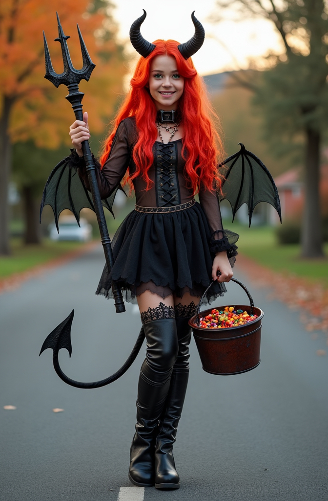 Prompt: Beautiful young woman with flame red hair and green eyes wearing a demon Halloween costume with forded tail and pitchfork, holding a bucket of candy, long leather boots, suburban street, happy trick or treating vibe, high detail & quality, 8k, pro photo, pro lighting.