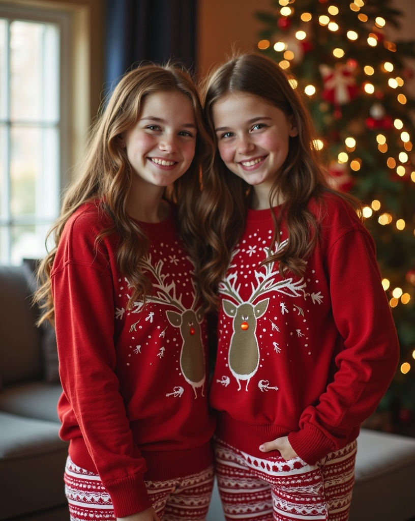 Prompt: 
photorealistic, (adorably cute overweight:2.0 teen sisters age 15-17) posing for a Christmas portrait, chestnut-auburn hair, (whimsical Christmas sweaters & pajama bottoms), cozy living room decorated for the holidays, warm happy vibe, high detail & quality, (highly detailed gorgeous faces), 8k, pro photography, pro lighting, festive decorations, comfortable ambiance.