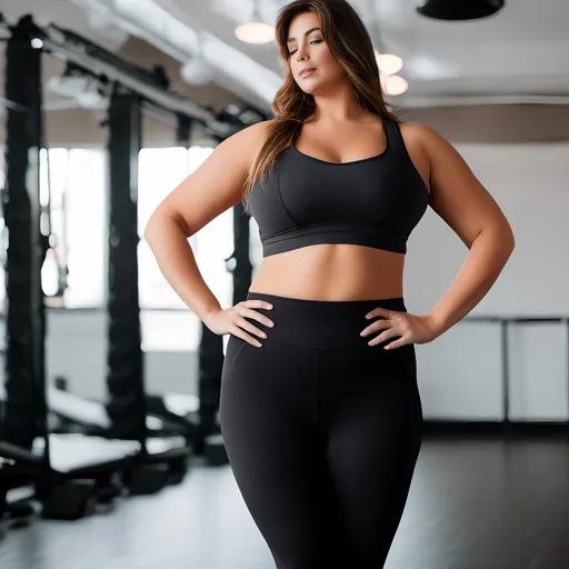 Prompt: <mymodel>beautiful young overweight woman, Caucasian age 25, brunette hair, black workout tights, black heels, intricate face, perfect hands, high detail, standing in a yoga studio, fill light