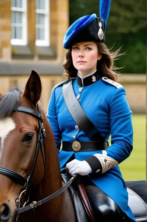 Prompt: Beautiful female Windsor Palace guard in blue tartan uniform, bearskin hat, ceremonial saber, black leather cavalry boots, thick chestnut hair, vibrant blue eyes, square face, high-res, photo, warm daylight, detailed uniform, professional, ceremonial, warm lighting, traditional, historic, detailed eyes, elegant