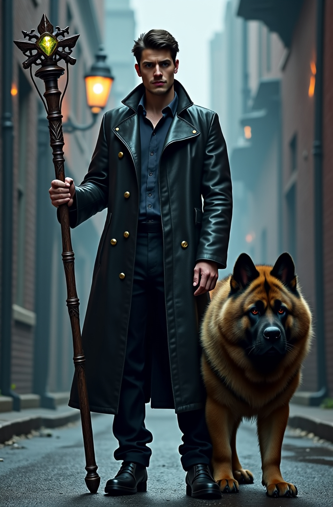 Prompt: Very tall wizard Harry Dresden, short dark hair, obsidian eyes, black leather duster, dark shirt & pants, black boots, knurled runic wooden staff (crystal staff headpiece glowing with magical power), handsome square face, brooding expression, standing in a dark alley, huge Tibetan Mastiff dog at his feet, misty atmosphere, dark and foreboding energy, cinematic photography, high detail & quality, 8k, well lit, professional photo.