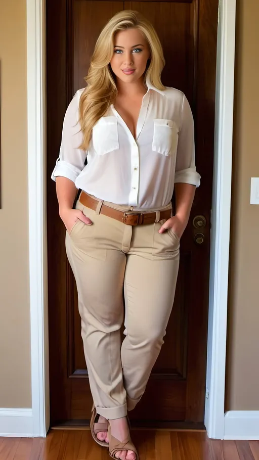 Prompt: Buxom curvaceous plump beautiful woman, age 25, perfect round face, long blonde hair, blue eyes, unbuttoned white blouse, snug khaki slacks, long legs, brown sandals, leaning against a door frame, parquet floor, curvy bosomy physique, high-res, pro lighting, fashion photography