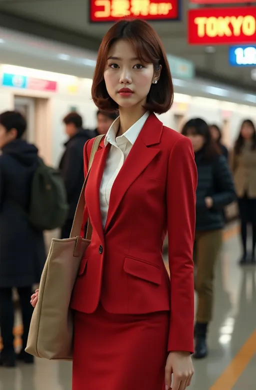 Prompt: (photorealistic) Beautiful elegant young Japanese woman, flawless round face, chic bob style chestnut hair, curvy figure emphasis, sophisticated outfit: red blazer & pencil skirt, white blouse, black fashion boots, khaki canvas tote bag, crowded Tokyo train station, vivid atmosphere, hustle and bustle, neon lights reflecting, intricate details in the background, high detail & quality, 8K resolution, professional photography, vibrant energy.