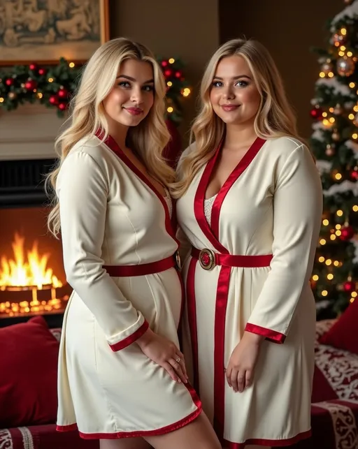 Prompt: (photorealistic) pretty plump blonde teen sisters, posing for a Christmas portrait, (elegant white velvet coat dresses), red silk trim & belt, (bosomy curvy physiques), (gorgeous chubby faces), cozy living room setting, warm happy vibe, inviting fireplace, beautifully decorated Christmas tree, soft golden lighting, perfect for a holiday atmosphere, (high detail), (8K resolution), pro photography quality.