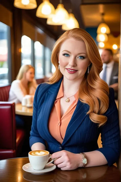 Prompt: Curvaceous buxom woman, beautiful diamond face, long strawberry blonde hair, vibrant blue eyes, elegant cafe interior, coffee and pastry on the table, pinstriped navy suit, pencil skirt, apricot blouse, crowded bustling venue, high-res, photo, professional lighting, elegant setting, vibrant colors, detailed facial features