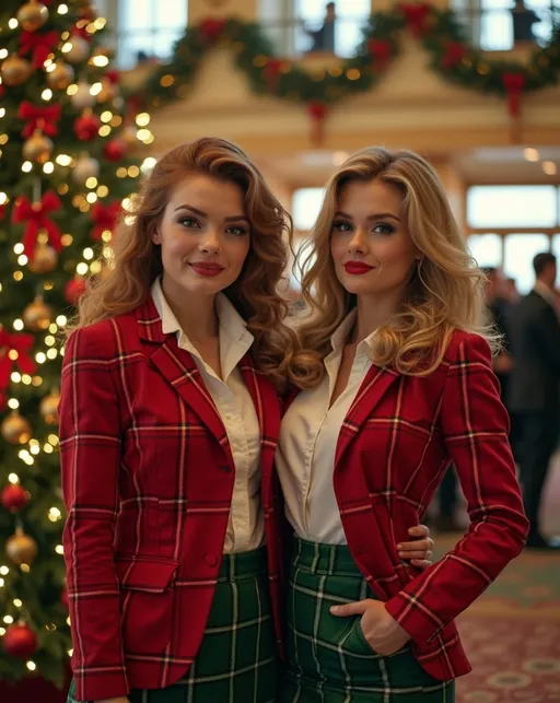 Prompt: (photorealistic) two beautiful curvy young women, (cinnamon-blonde hair), wearing vintage 60s-style red tartan blazers white blouses & green tweed wool skirts, standing gracefully in a crowded mid-century lobby, adorned with a lavish Christmas tree and charming holiday decorations, (Mad-Men style), (perfectly detailed faces), vibrant colors, festive ambiance, capturing the essence of the season, (ultra-detailed), (8K), well lit, professional photography quality.