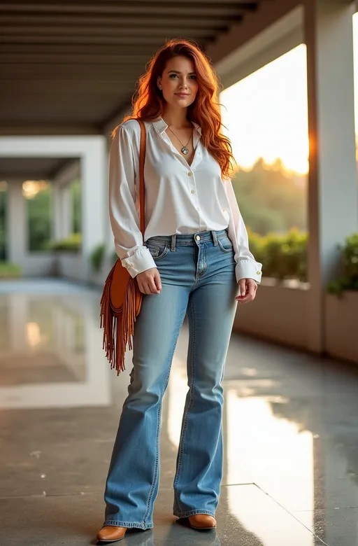 Prompt: Beautiful curvy but trim woman, (gorgeous diamond face), white blouse, high waisted light-blue boot-cut denim jeans, light brown cowboy boots, suede fringe shoulder bag, long red-chestnut hair, green eyes, (standing under a modern portico), (sunny day), soft reflections on wet surfaces, moody ambiance, vibrant colors, high detail & quality, 8K, (photorealistic) pro photo, magical atmosphere.