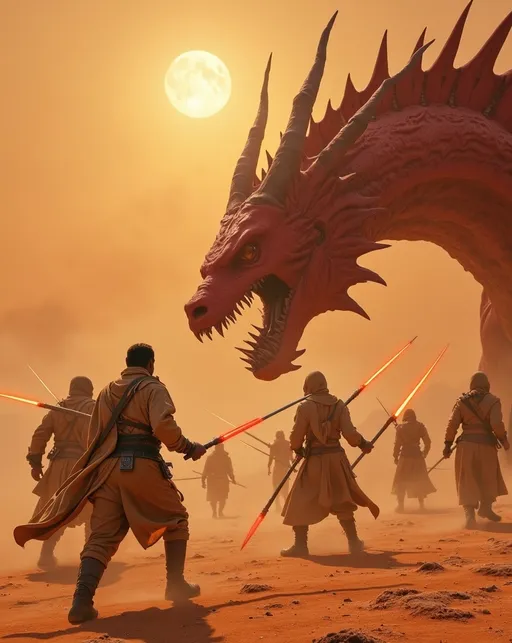 Prompt: Cinematic photo of a (group of nomadic warriors), clad in (tan cloaks, tunics, trousers, and boots), throwing laser lances and spears at (fearsome crimson Sand Dragon) in an (arid ochre desert) on an alien planet. Fierce and desperate battle scene as the soldiers fight for survival against the giant beast. (Two suns) blaze overhead, casting dramatic shadows. The atmosphere encapsulates gritty realism, with a strong sense of urgency and intensity. (Vibrant, dynamic scene), 8K resolution, (ultra-detailed), capturing every expression and motion in high-quality clarity.