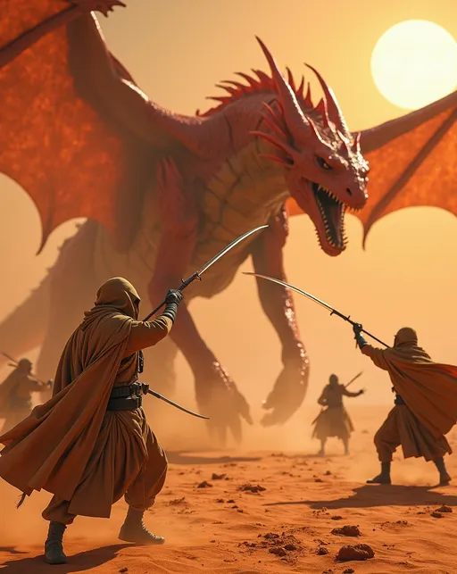 Prompt: Cinematic photo of a (group of nomadic warriors), clad in (tan cloaks, tunics, trousers, and boots), throwing laser lances and spears at (fearsome crimson Sand Dragon) in an (arid ochre desert) on an alien planet. Fierce and desperate battle scene as the soldiers fight for survival against the giant beast. (Two suns) blaze overhead, casting dramatic shadows. The atmosphere encapsulates gritty realism, with a strong sense of urgency and intensity. (Vibrant, dynamic scene), 8K resolution, (ultra-detailed), capturing every expression and motion in high-quality clarity.