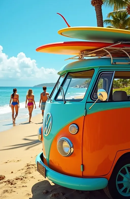 Prompt: VW bus painted in vibrant mod colors, parked beside a stunning beach, epitomizing carefree summer vibes, colorful surfboards mounted on the roof rack, young people in swimsuits joyfully carrying surfboards in the background, bright sunshine illuminating the scene, sparkling blue ocean waves, high detail and quality, 8K resolution, professional photography, capturing a cheerful and relaxed atmosphere.