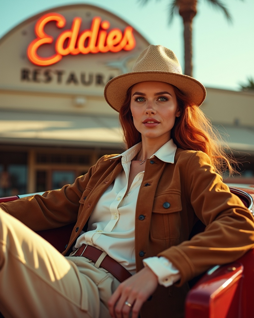 Prompt: photorealistic, (Publicity photo) famed 1930s adventure traveller Carmen San Diego, brown suede pilots jacket, white shirt, belted khaki slacks, brown leather boots, straw fedora, sitting in a luxurious boat-tailed Chord roadster, in front of a stunning stucco walled art deco restaurant with huge stylish neon sign that reads "Eddies", silky auburn hair, gorgeous oval face, green eyes, (sunny California day), bright and inviting atmosphere, captivating color palette, ultra-detailed, 8K resolution, high-quality image.