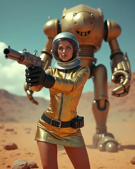 Prompt: (Beautiful retro futuristic sci-fi astronaut woman), wearing a (metallic gold space suit with miniskirt) black leather belt and boots and a (silver helmet with open visor), holding a Buck Rogers style ray-gun, features a fierce expression on her (gorgeous golden-ratio face), striking (green eyes), (chestnut hair), standing on a colorful alien planet, shooting her ray-gun at a massive alien robot creature, (well lit) with (high detail) portrayal, capturing a moment of combat in a cheesy low-budget movie atmosphere, emphasizing her curvaceous bosomy physique, (8K resolution) and a (cinematic atmosphere) for an extraordinary visual experience.