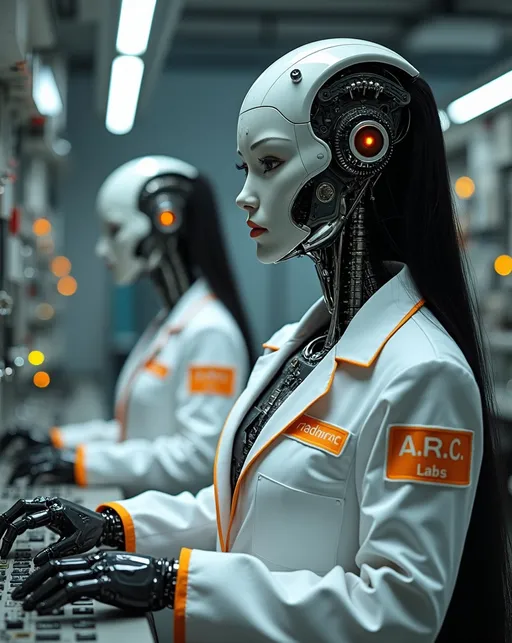 Prompt: two Exotic alien android robot women technicians with exposed alloy skeleton and electronics, long coal-black hair, (detailed laboratory), (machines), bright lights, dials, gauges, buttons, switches, white lab-coats with orange trim and "A.R.C. Labs" patches on sleeves, adjusting controls, (highly detailed), (ultra-realistic), bright and vibrant lighting, (cinematic sci-fi), (8K resolution), immersive atmosphere, pulling viewers into a futuristic world.