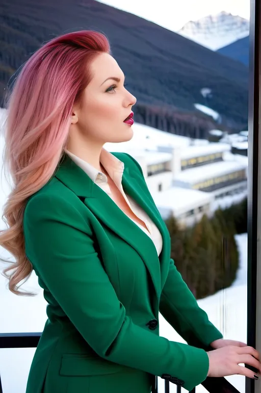 Prompt: Gorgeous curvaceous bosomy Finnish fashion model, age 25, long windblown pink tinted hair, green eyes, dark eye shadow, dark red lipstick, light green blazer, cream blouse, black pencil skirt, stiletto heels,  standing on a mountain hotel balcony in winter, profile pose showcasing curvy physique, high-res, sharp focus, natural light, pro fashion photo, luxury apparel, modern elegant fashion, flawless face, detailed hair.. 