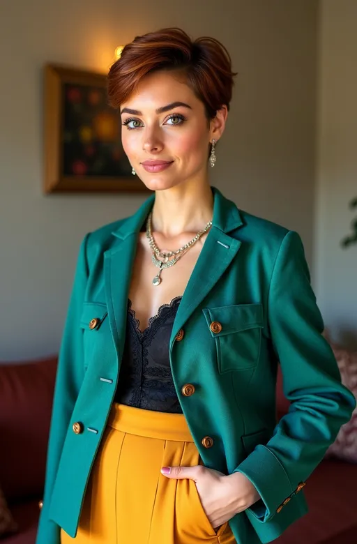 Prompt: Strikingly beautiful plump California girl, age 25, (piercing bright green eyes), (chic pixie-cut chestnut-auburn hair), (gorgeous moon-shaped hispanic face), adorned with elegant jewels, dressed modestly in a buttoned-up jade tweed blazer, black lace camisole and saffron pencil skirt, showcasing her (buxom bosomy full-figure), standing for an ultra-detailed professional portrait, capturing her youthful appeal & gorgeous face, enhanced lighting creating a captivating ambiance, luxurious atmosphere, 8K resolution, high quality, meticulously well-lit to highlight her stunning features & (luminous green eyes).