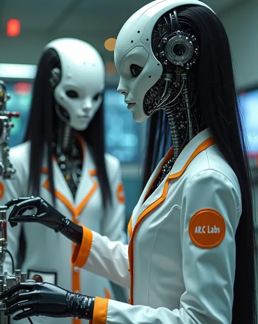 Prompt: two Exotic alien android robot women technicians with exposed alloy skeleton and electronics, long coal-black hair, (detailed laboratory), (machines), bright lights, dials, gauges, buttons, switches, white lab-coats with orange trim and "A.R.C. Labs" patches on sleeves, adjusting controls, (highly detailed), (ultra-realistic), bright and vibrant lighting, (cinematic sci-fi), (8K resolution), immersive atmosphere, pulling viewers into a futuristic world.