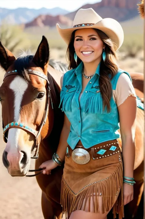 Prompt: Tall curvaceous Native-American woman, age 25, long brown hair with white highlights, grey eyes, beautiful diamond face, happy smile, turquoise jewelry, wearing a ((fringed suede vest, chambray short-sleeve shirt, brown suede pencil skirt with fringe, brown suede boots, brown cowboy hat with silver and turquoise band)), standing in front of a palomino horse, desert cactus background, high-res, professional photograph, daylight, western scene, high detail, realistic textures, elegant beauty, Native-American woman, suede clothing, fringed attire, modern southwestern fashion