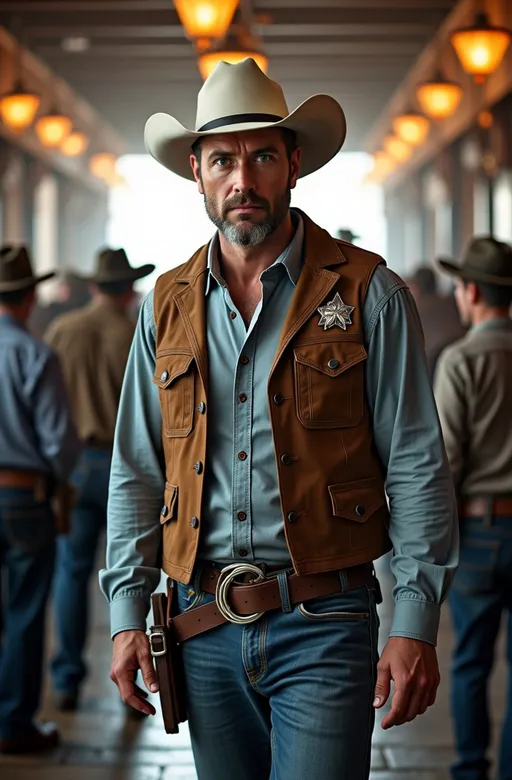 Prompt: Rugged old-west sheriff, (piercing blue eyes), (dark hair), (light beard), (white hat), (chambray shirt), (suede vest), (star shaped silver badge), (jeans), (boots), (gun belt with holstered revolver), walking into a (crowded, dirty saloon), (cinematic atmosphere), (tense mood), (filtered light filtering through dust), (highly detailed), (8K resolution), (photorealistic quality), (dramatic shadows).