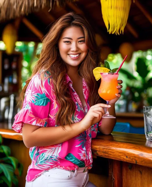 Prompt: <mymodel>long thick Auburn hair, young Japanese woman, smile, intricate facial features, pink & yellow tropical blouse, white denim shorts, white sneakers, standing in an outdoor Tiki Bar, drinking a cocktail, tropical plants, daylight, high-res photo, realistic, casual, detailed facial expression, perfect hands, vibrant colors, natural lighting