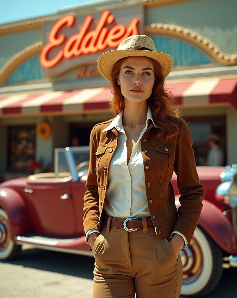 Prompt: photorealistic, (Publicity photo) famed 1930s adventure traveller Carmen San Diego, brown suede pilots jacket, white shirt, belted khaki slacks, brown leather boots, straw fedora, standing  next to a luxurious boat-tailed Chord roadster, in front of a stunning stucco walled art deco restaurant with huge stylish neon sign that reads "Eddies", silky auburn hair, gorgeous oval face, green eyes, (sunny California day), bright and inviting atmosphere, captivating color palette, ultra-detailed, 8K resolution, high-quality image.