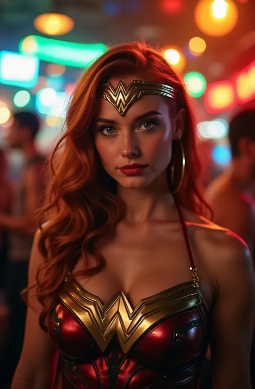 Prompt: Beautiful college girl with silky auburn hair and green eyes dressed up as Wonder Woman for Halloween, festive party vibe at a crowded lively bar, high detail & quality, 8k, pro photo, vibrant lights.