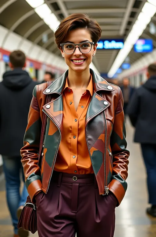 Prompt: photorealistic, 8K resolution, (stunning) tall curvy model, (joyful) expression, flawless diamond face, chestnut pixie hair, striking green eyes, silver (square frame) glasses, colorful geometric pattern leather jacket, apricot blouse, herringbone pattern eggplant culotte, stylish suede boots, leather shoulder bag, emphasize her (ample curvy physique), bustling London Metro station, (highly detailed), dynamic lighting, (vibrant atmosphere), (urban freshness), professional photography quality.