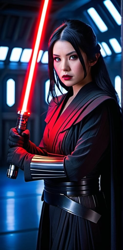 Prompt: Beautiful Japanese actress, long raven black hair, vivid gray eyes, black Sith Lord costume, holding glowing red lightsaber, Star Wars hangar bay set, detailed, dynamic pose, cinematic lighting, high-res photography, realistic, intricate details, intense gaze, sci-fi, vibrant colors, dramatic, professional lighting