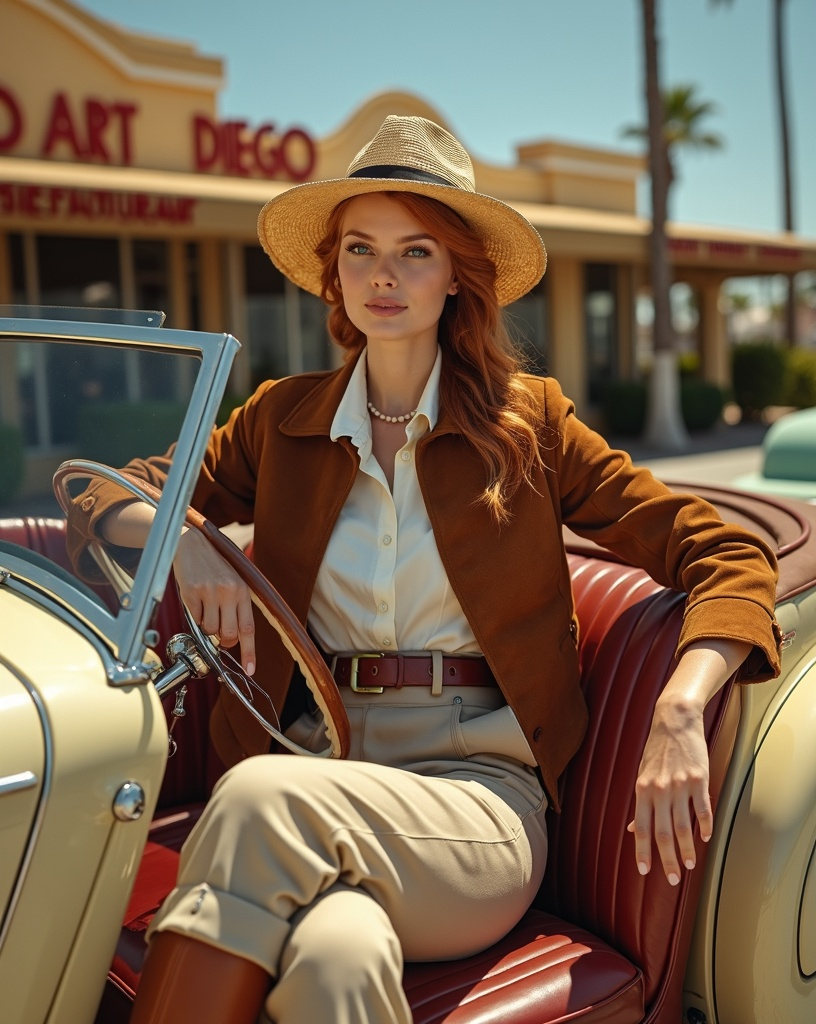 Prompt: photorealistic, (Publicity photo) famed 1930s adventure traveller Carmen San Diego, brown suede pilots jacket, white shirt, belted khaki slacks, brown leather boots, straw fedora, sitting in a luxurious boat-tailed Cord roadster, in front of a stunning art deco restaurant, silky auburn hair, gorgeous oval face, green eyes, (sunny California day), bright and inviting atmosphere, captivating color palette, ultra-detailed, 8K resolution, high-quality image.