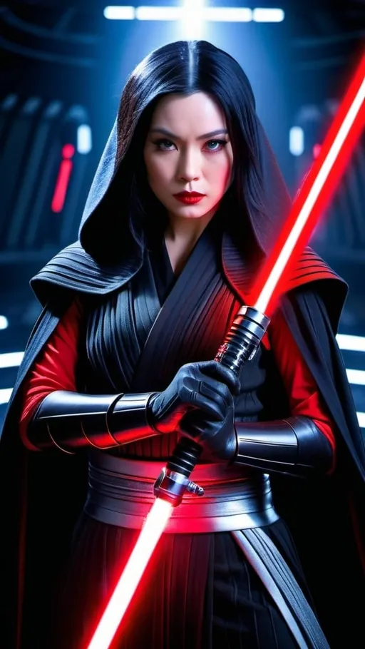 Prompt: Beautiful Japanese actress, long raven black hair, vivid gray eyes, black Sith Lord costume, holding glowing red lightsaber, Star Wars hangar bay set, detailed, dynamic pose, cinematic lighting, high-res photography, realistic, intricate details, intense gaze, sci-fi, vibrant colors, dramatic, professional lighting
