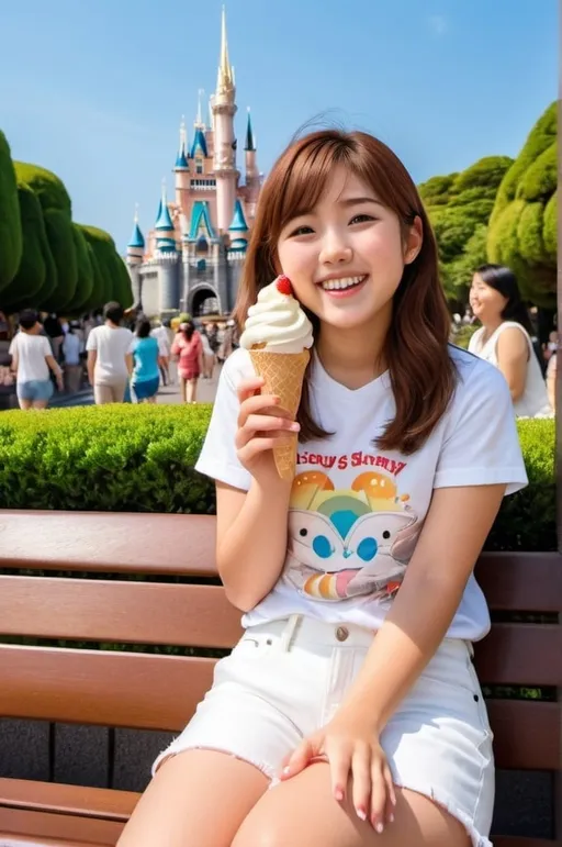 Prompt: Pretty adolescent Japanese girl, auburn brown hair, vibrant gray eyes, white tee, white denim shorts, white sneakers, happy expression, perfect hands, enjoying an ice cream cone, sitting on a bench, Tokyo Disney Castle background, sunny summer day, high-res, youthful, photo-realistic, bright and sunny lighting