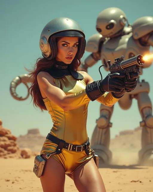 Prompt: (Beautiful retro futuristic sci-fi astronaut woman), wearing a (metallic gold space suit with miniskirt) black leather belt and boots and a (silver helmet with open visor), holding a Buck Rogers style ray-gun, features a fierce expression on her (gorgeous golden-ratio face), striking (green eyes), (chestnut hair), standing on a colorful alien planet, shooting her ray-gun at a massive alien robot creature, (well lit) with (high detail) portrayal, capturing a moment of combat in a cheesy low-budget movie atmosphere, emphasizing her curvaceous bosomy physique, (8K resolution) and a (cinematic atmosphere) for an extraordinary visual experience.