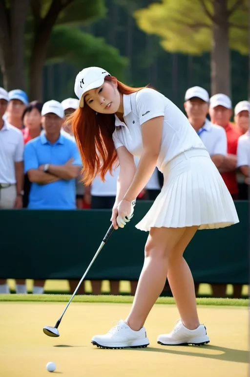 Prompt: Beautiful Japanese woman putting in a golf tournament, (flawless round face), (long flowing auburn-red hair), wearing white athletic top, pleated skirt, golf shoes, daylight, professional sports photo, fluid dynamic movement, athletic event, vibrant colors, energetic atmosphere, (high-res), cinematic quality, detailed audience background, ultra-detailed, 4K.