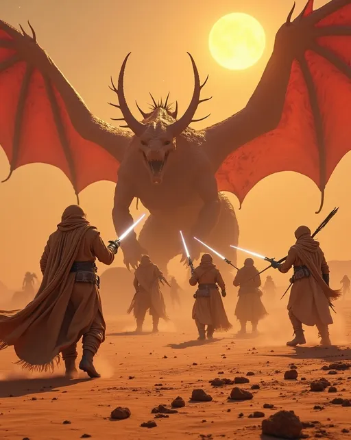 Prompt: Cinematic photo of a (group of nomadic warriors), clad in (tan cloaks, tunics, trousers, and boots), throwing laser lances and spears at (fearsome crimson Sand Dragon) in an (arid ochre desert) on an alien planet. Fierce and desperate battle scene as the soldiers fight for survival against the giant beast. (Two suns) blaze overhead, casting dramatic shadows. The atmosphere encapsulates gritty realism, with a strong sense of urgency and intensity. (Vibrant, dynamic scene), 8K resolution, (ultra-detailed), capturing every expression and motion in high-quality clarity.