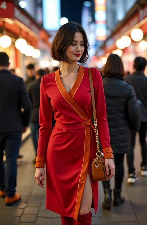 Prompt: Photo, Beautiful Japanese woman with asymmetrical bob cut hair, gray eyes, flawless face, red wrap dress with orange trim, curvy figure, red knee boots, tan leather purse, walking in a Ginza Market Tokyo, night scene, shop lights, many people, well lit, high detail & quality, 8k, pro photo.